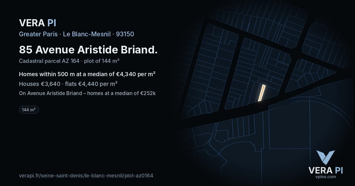 85 Avenue Aristide Briand, Le Blanc-Mesnil at night – the plot lit, the parcels around coloured by the prices near them