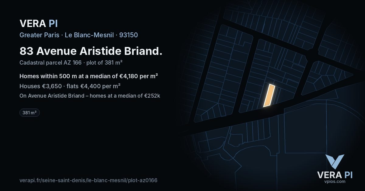 83 Avenue Aristide Briand, Le Blanc-Mesnil at night – the plot lit, the parcels around coloured by the prices near them
