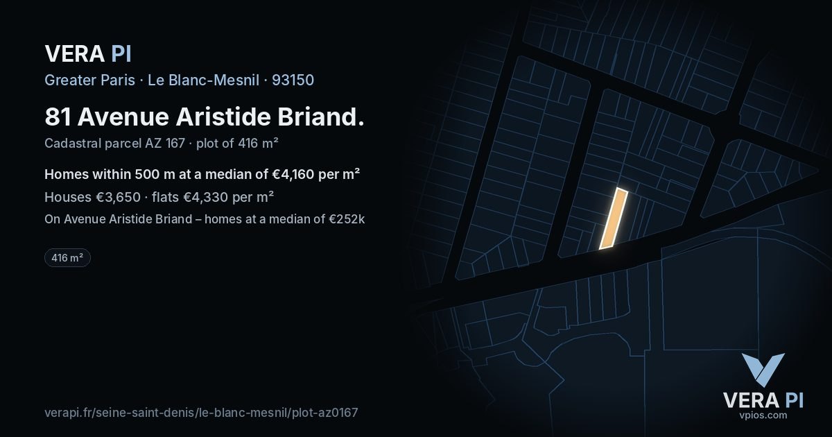81 Avenue Aristide Briand, Le Blanc-Mesnil at night – the plot lit, the parcels around coloured by the prices near them