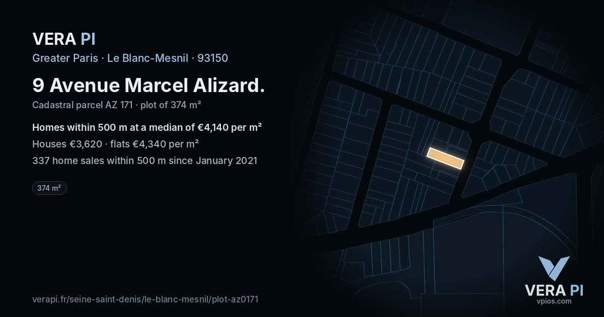 9 Avenue Marcel Alizard, Le Blanc-Mesnil at night – the plot lit, the parcels around coloured by the prices near them