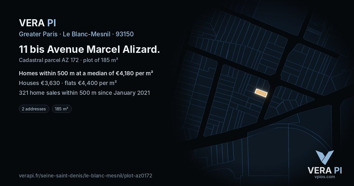 11 bis Avenue Marcel Alizard, Le Blanc-Mesnil at night – the plot lit, the parcels around coloured by the prices near them