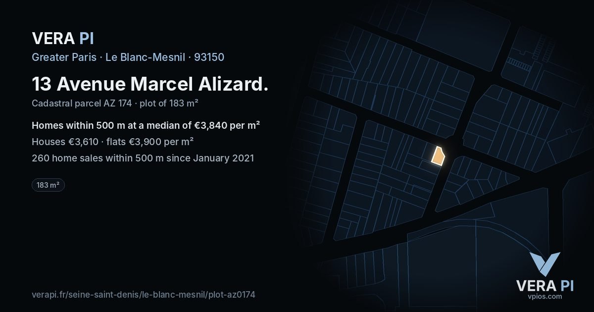 13 Avenue Marcel Alizard, Le Blanc-Mesnil at night – the plot lit, the parcels around coloured by the prices near them