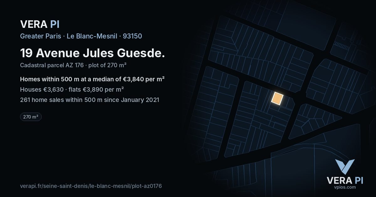 19 Avenue Jules Guesde, Le Blanc-Mesnil at night – the plot lit, the parcels around coloured by the prices near them