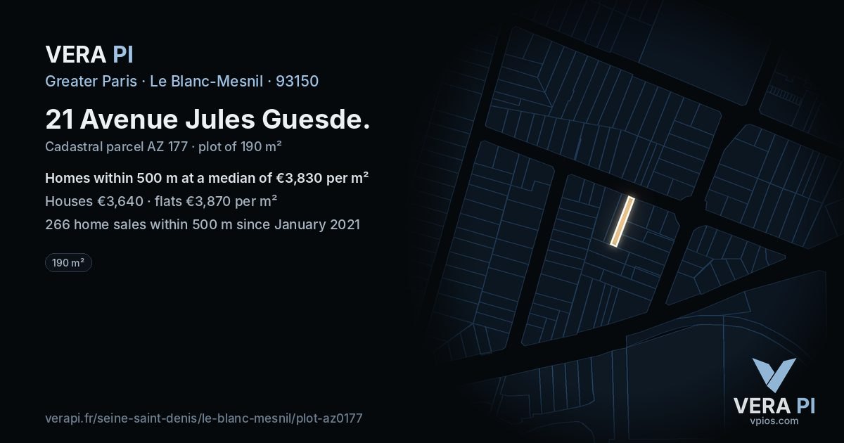 21 Avenue Jules Guesde, Le Blanc-Mesnil at night – the plot lit, the parcels around coloured by the prices near them