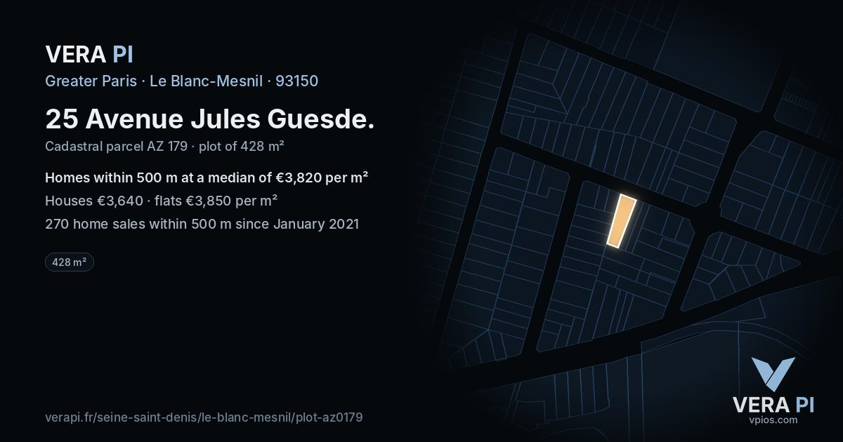 25 Avenue Jules Guesde, Le Blanc-Mesnil at night – the plot lit, the parcels around coloured by the prices near them