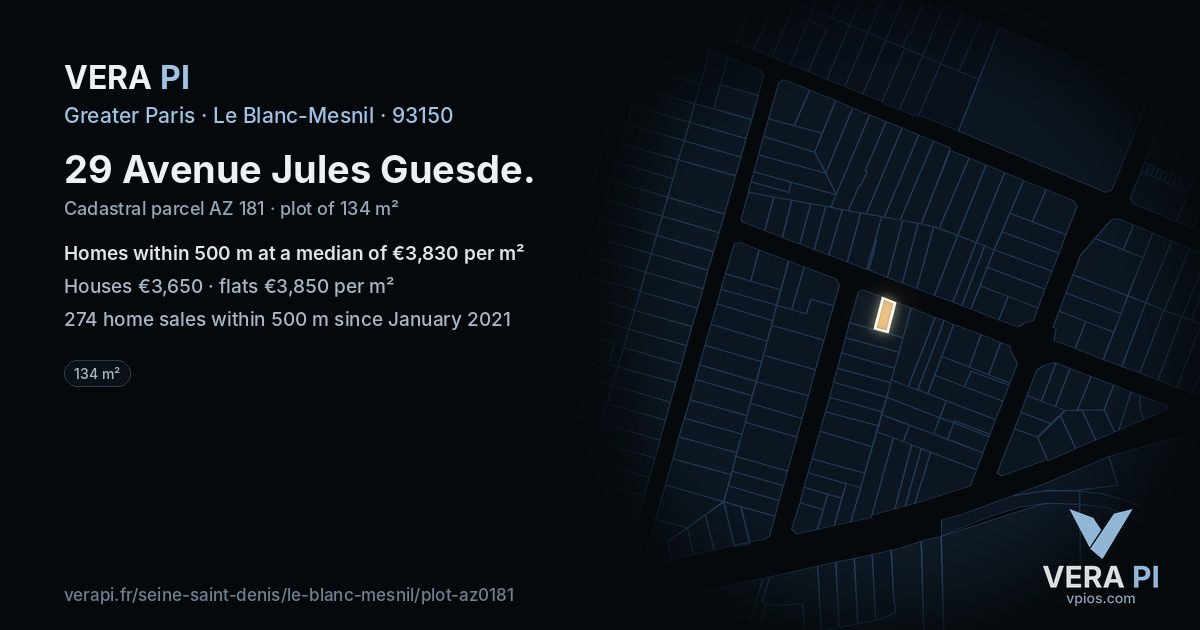 29 Avenue Jules Guesde, Le Blanc-Mesnil at night – the plot lit, the parcels around coloured by the prices near them