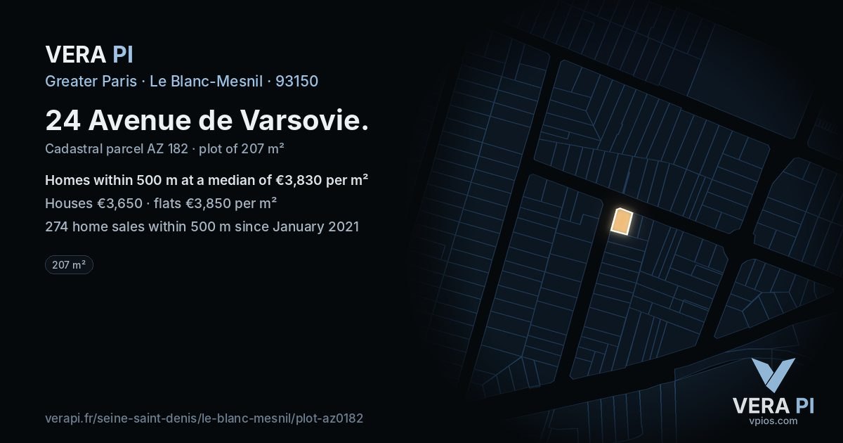 24 Avenue de Varsovie, Le Blanc-Mesnil at night – the plot lit, the parcels around coloured by the prices near them