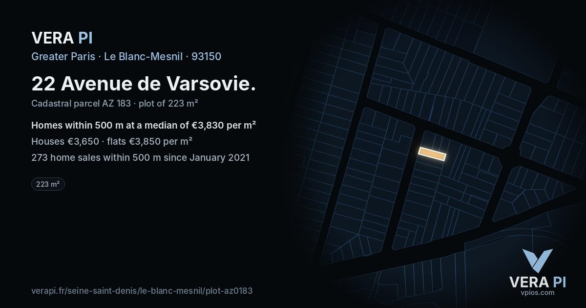 22 Avenue de Varsovie, Le Blanc-Mesnil at night – the plot lit, the parcels around coloured by the prices near them