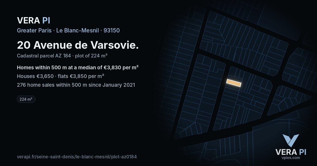 20 Avenue de Varsovie, Le Blanc-Mesnil at night – the plot lit, the parcels around coloured by the prices near them