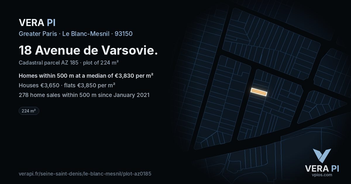 18 Avenue de Varsovie, Le Blanc-Mesnil at night – the plot lit, the parcels around coloured by the prices near them