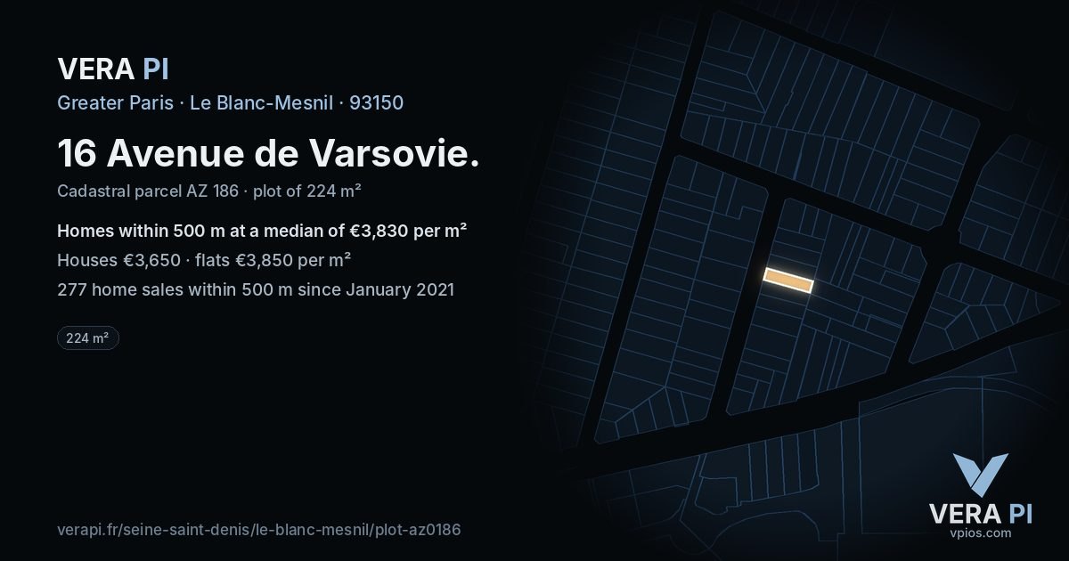 16 Avenue de Varsovie, Le Blanc-Mesnil at night – the plot lit, the parcels around coloured by the prices near them