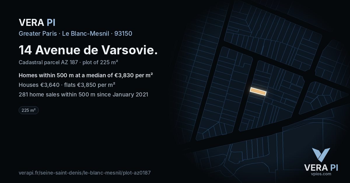 14 Avenue de Varsovie, Le Blanc-Mesnil at night – the plot lit, the parcels around coloured by the prices near them