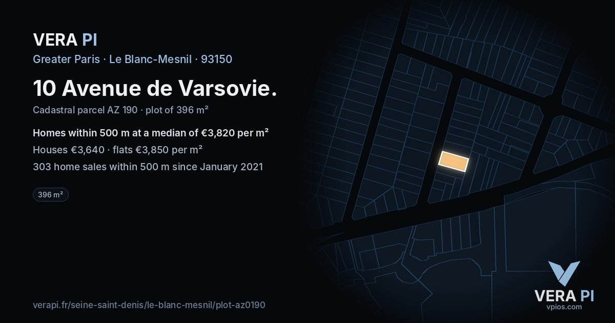 10 Avenue de Varsovie, Le Blanc-Mesnil at night – the plot lit, the parcels around coloured by the prices near them