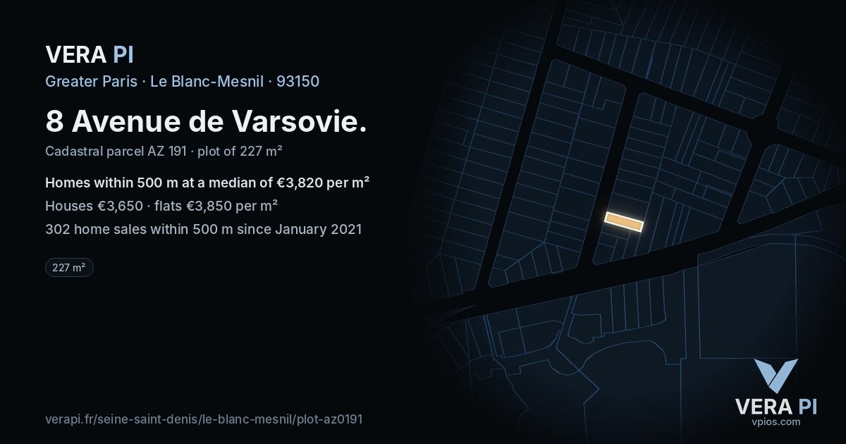 8 Avenue de Varsovie, Le Blanc-Mesnil at night – the plot lit, the parcels around coloured by the prices near them
