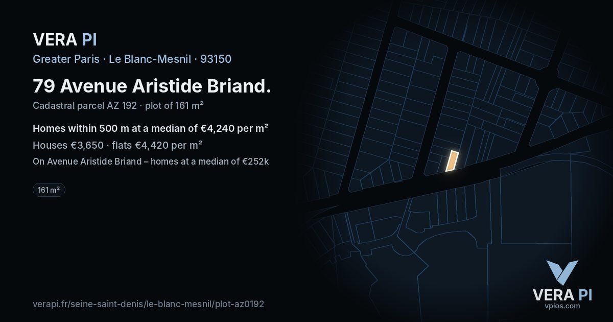 79 Avenue Aristide Briand, Le Blanc-Mesnil at night – the plot lit, the parcels around coloured by the prices near them