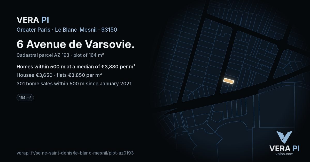 6 Avenue de Varsovie, Le Blanc-Mesnil at night – the plot lit, the parcels around coloured by the prices near them