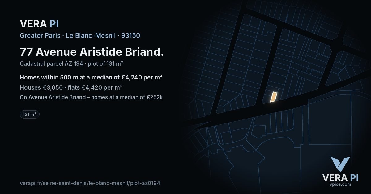77 Avenue Aristide Briand, Le Blanc-Mesnil at night – the plot lit, the parcels around coloured by the prices near them