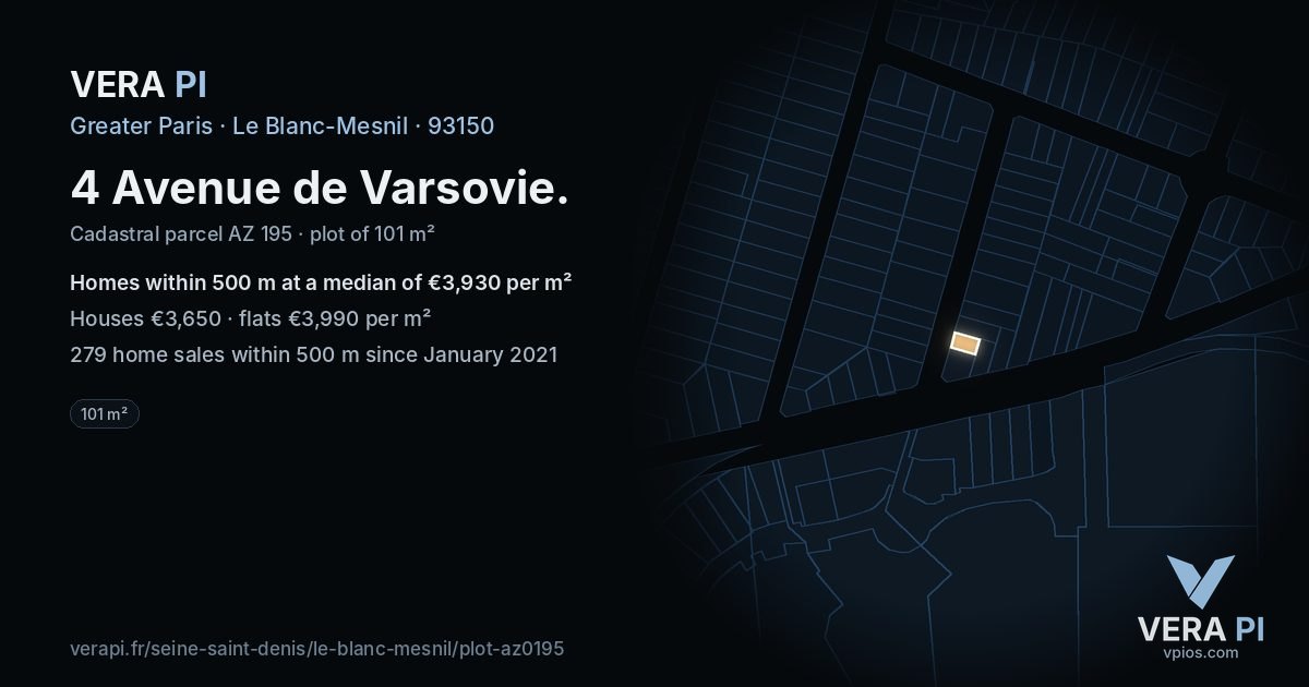 4 Avenue de Varsovie, Le Blanc-Mesnil at night – the plot lit, the parcels around coloured by the prices near them