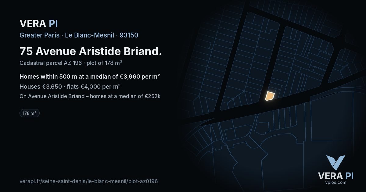 75 Avenue Aristide Briand, Le Blanc-Mesnil at night – the plot lit, the parcels around coloured by the prices near them