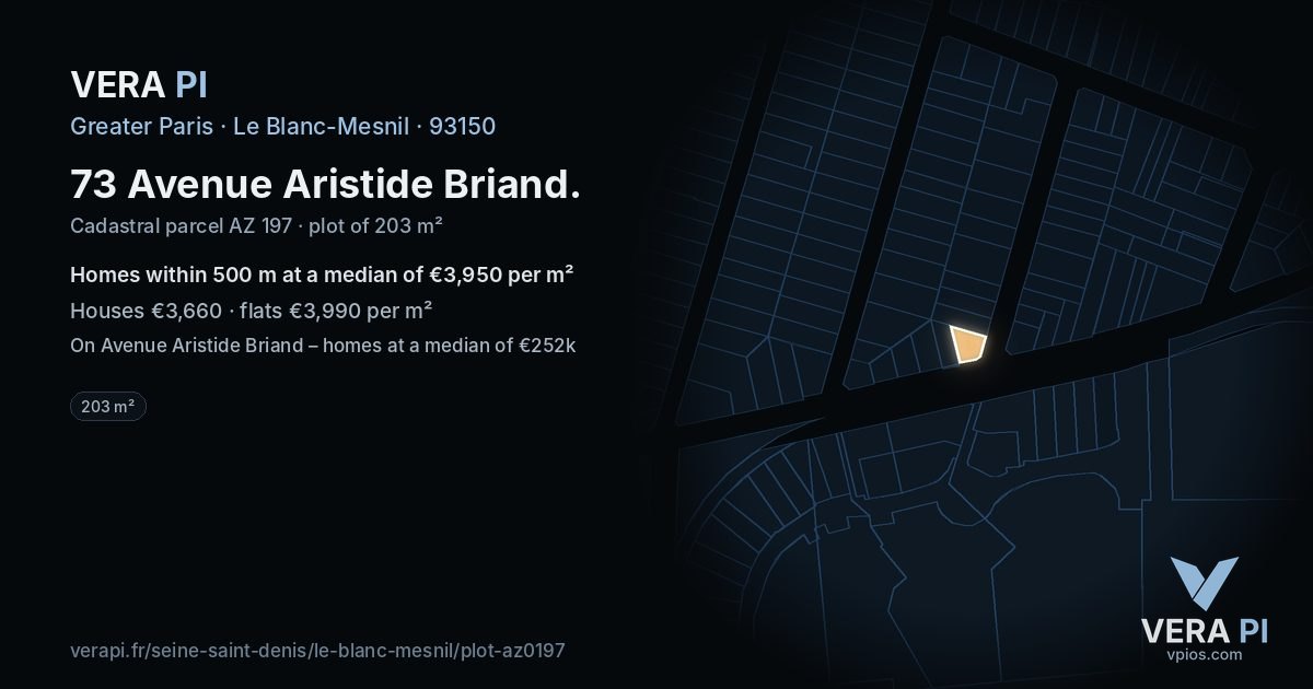73 Avenue Aristide Briand, Le Blanc-Mesnil at night – the plot lit, the parcels around coloured by the prices near them