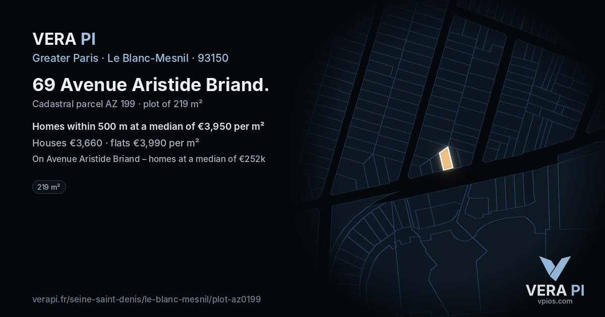 69 Avenue Aristide Briand, Le Blanc-Mesnil at night – the plot lit, the parcels around coloured by the prices near them