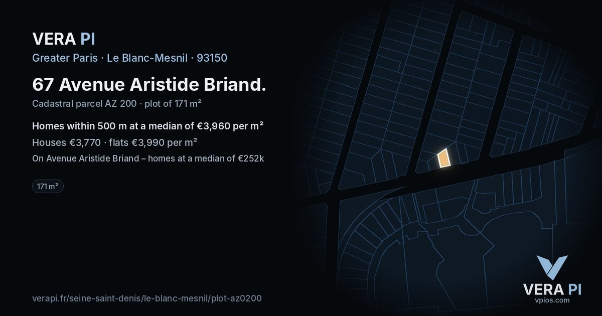 67 Avenue Aristide Briand, Le Blanc-Mesnil at night – the plot lit, the parcels around coloured by the prices near them