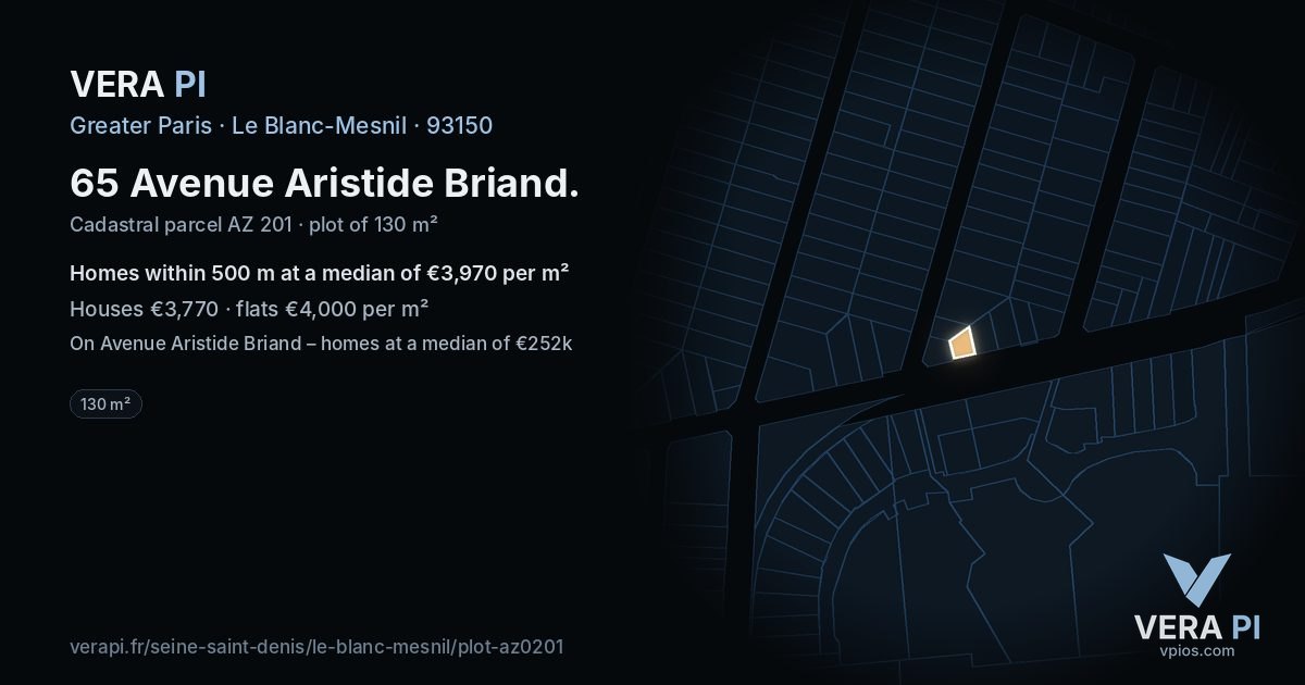 65 Avenue Aristide Briand, Le Blanc-Mesnil at night – the plot lit, the parcels around coloured by the prices near them