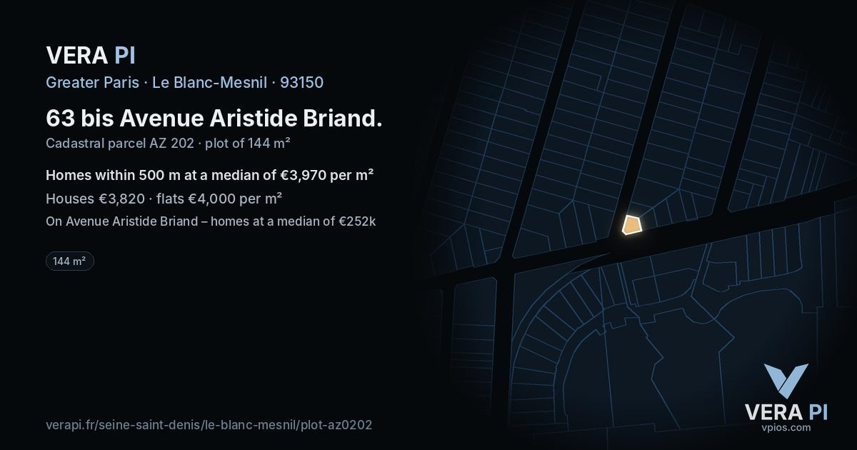 63 bis Avenue Aristide Briand, Le Blanc-Mesnil at night – the plot lit, the parcels around coloured by the prices near them