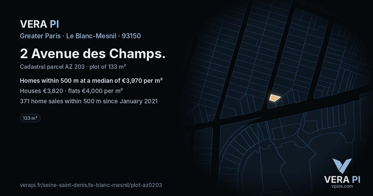 2 Avenue des Champs, Le Blanc-Mesnil at night – the plot lit, the parcels around coloured by the prices near them