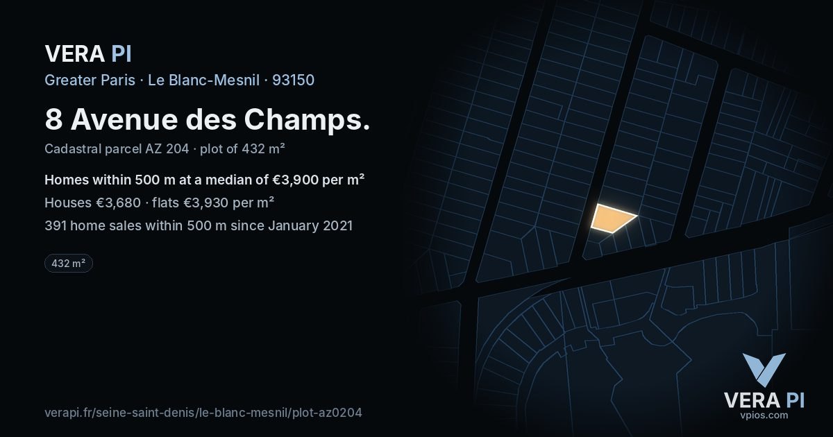 8 Avenue des Champs, Le Blanc-Mesnil at night – the plot lit, the parcels around coloured by the prices near them