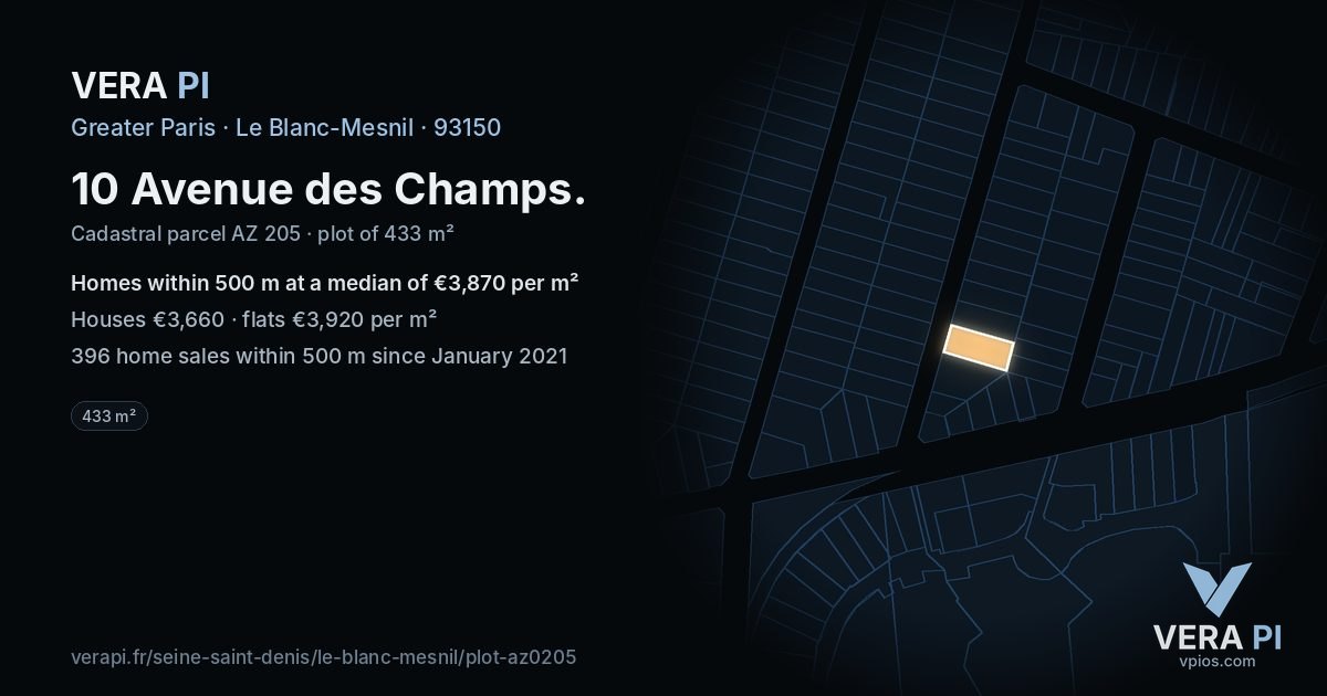 10 Avenue des Champs, Le Blanc-Mesnil at night – the plot lit, the parcels around coloured by the prices near them