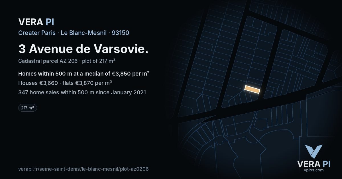 3 Avenue de Varsovie, Le Blanc-Mesnil at night – the plot lit, the parcels around coloured by the prices near them