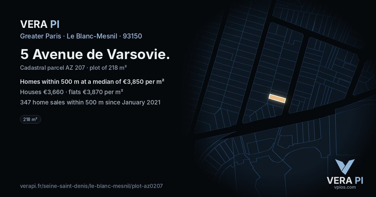 5 Avenue de Varsovie, Le Blanc-Mesnil at night – the plot lit, the parcels around coloured by the prices near them