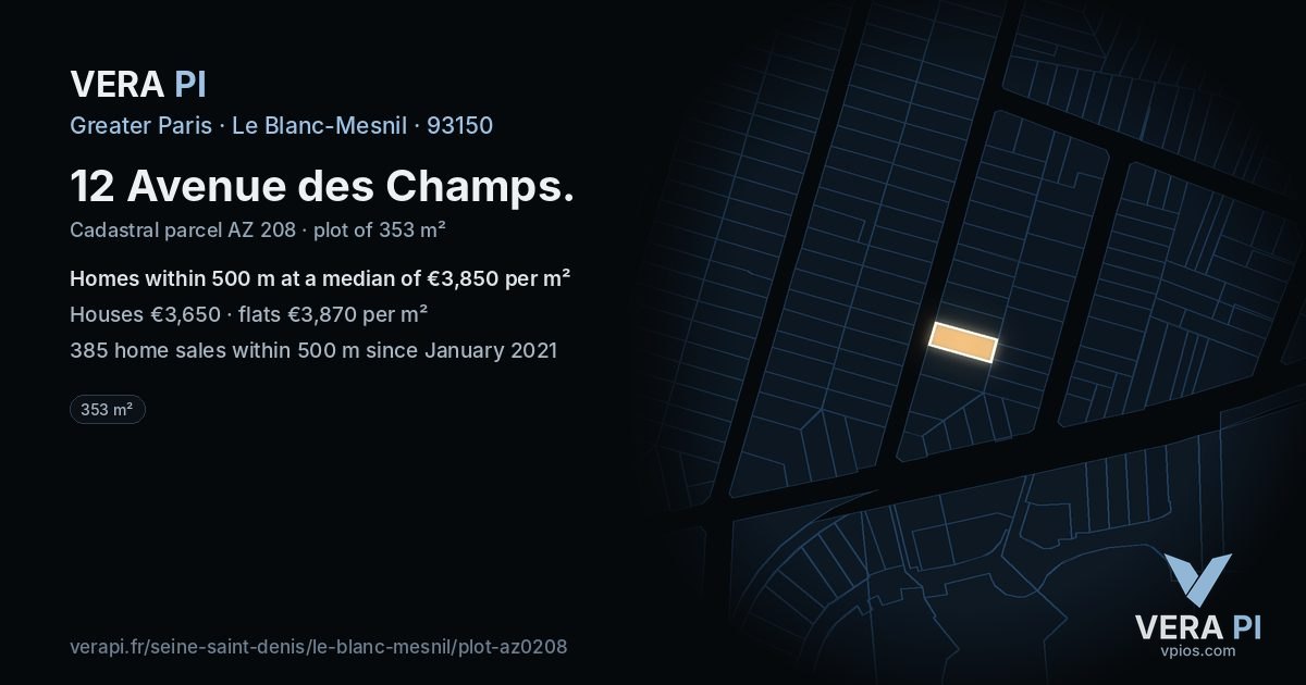 12 Avenue des Champs, Le Blanc-Mesnil at night – the plot lit, the parcels around coloured by the prices near them