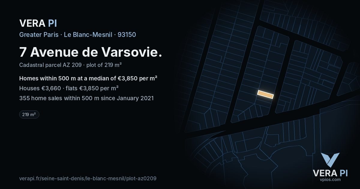 7 Avenue de Varsovie, Le Blanc-Mesnil at night – the plot lit, the parcels around coloured by the prices near them