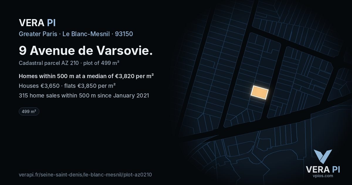 9 Avenue de Varsovie, Le Blanc-Mesnil at night – the plot lit, the parcels around coloured by the prices near them