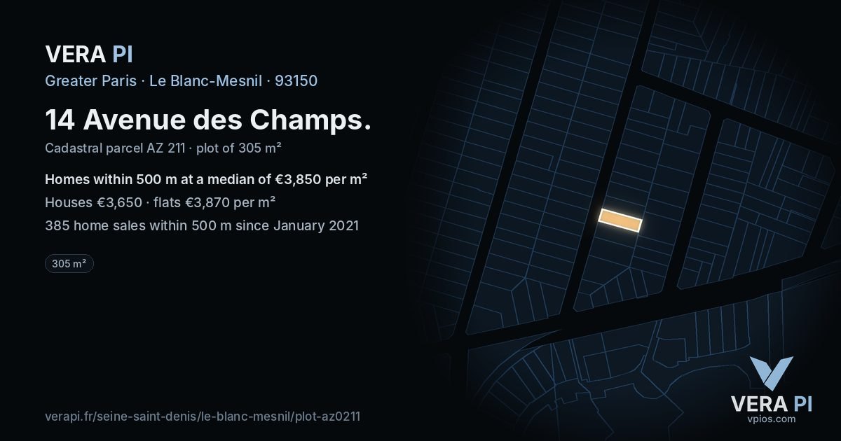 14 Avenue des Champs, Le Blanc-Mesnil at night – the plot lit, the parcels around coloured by the prices near them