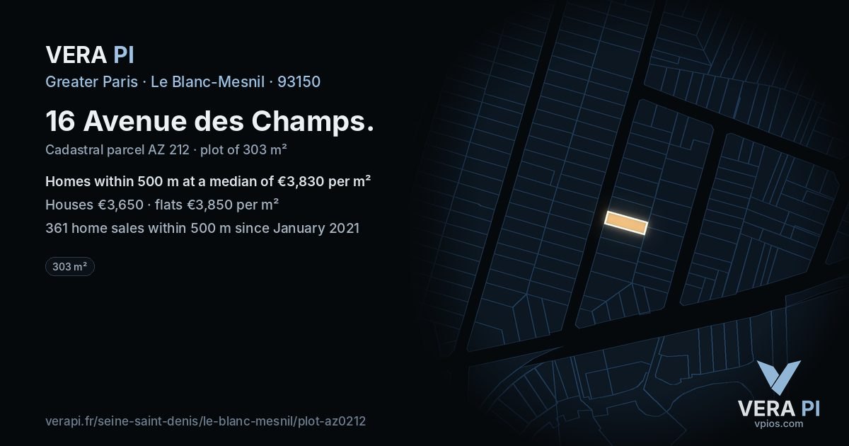 16 Avenue des Champs, Le Blanc-Mesnil at night – the plot lit, the parcels around coloured by the prices near them
