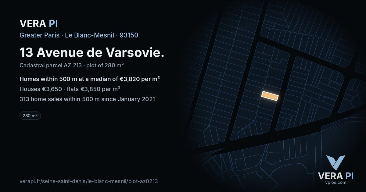 13 Avenue de Varsovie, Le Blanc-Mesnil at night – the plot lit, the parcels around coloured by the prices near them