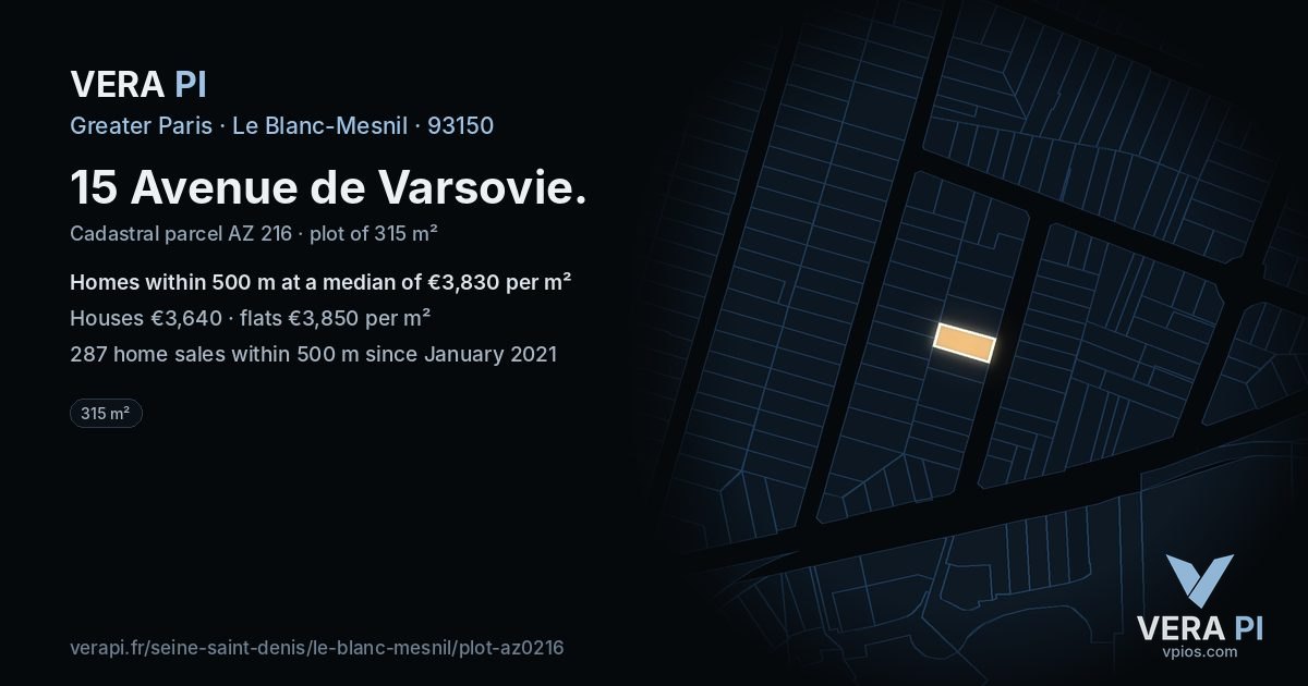 15 Avenue de Varsovie, Le Blanc-Mesnil at night – the plot lit, the parcels around coloured by the prices near them