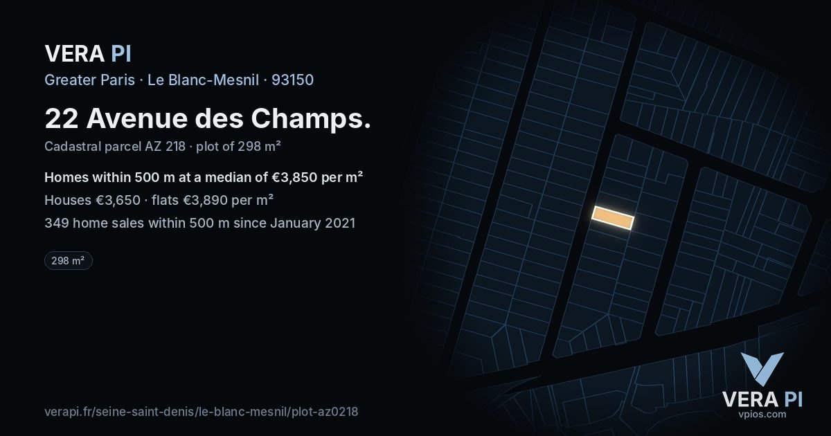22 Avenue des Champs, Le Blanc-Mesnil at night – the plot lit, the parcels around coloured by the prices near them