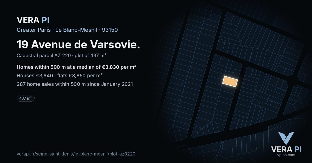 19 Avenue de Varsovie, Le Blanc-Mesnil at night – the plot lit, the parcels around coloured by the prices near them