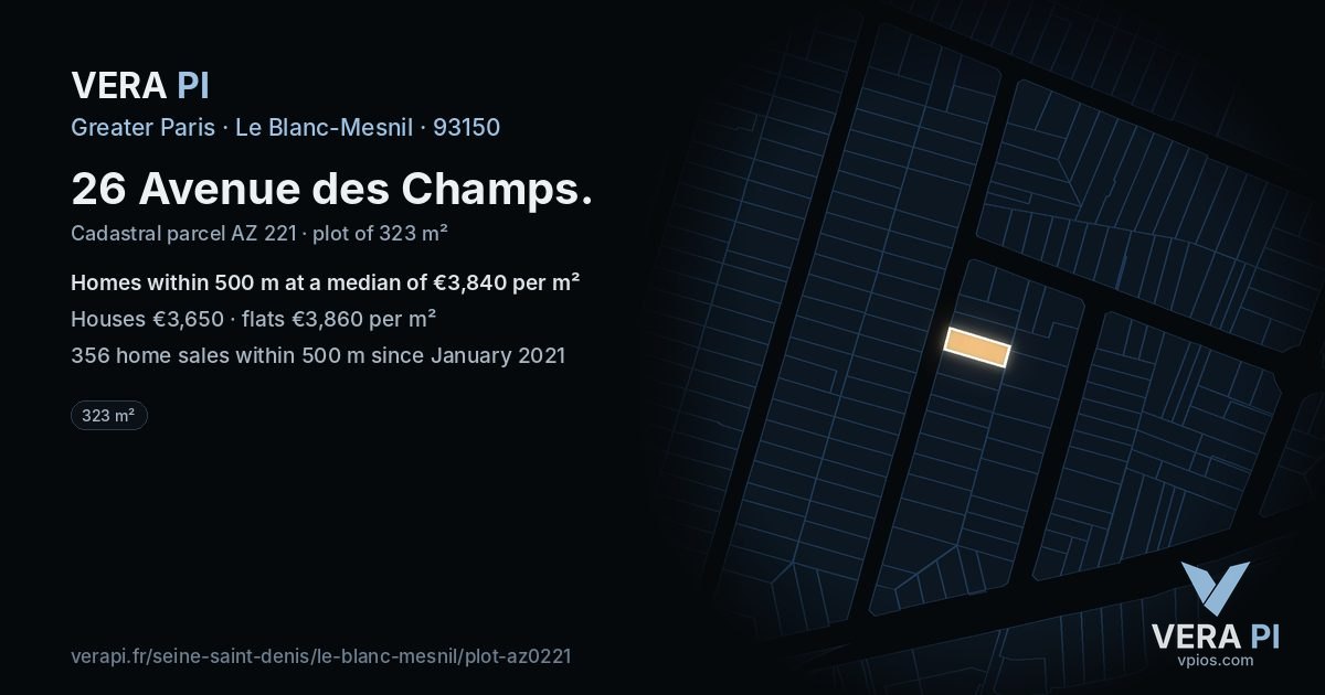 26 Avenue des Champs, Le Blanc-Mesnil at night – the plot lit, the parcels around coloured by the prices near them