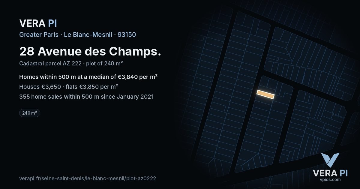 28 Avenue des Champs, Le Blanc-Mesnil at night – the plot lit, the parcels around coloured by the prices near them