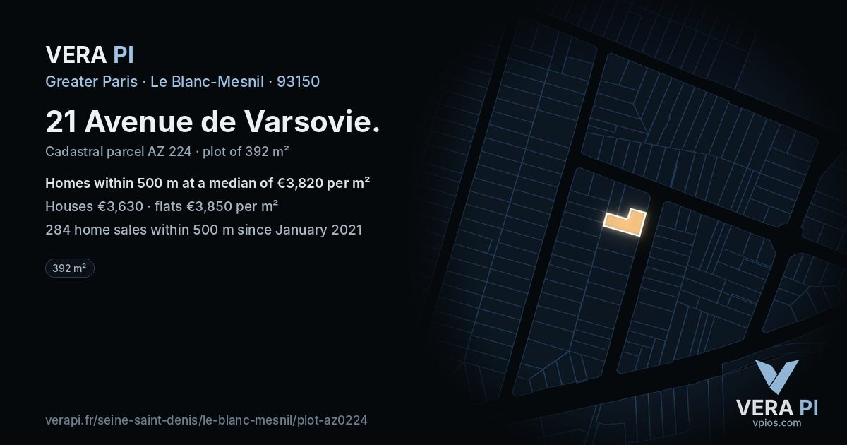 21 Avenue de Varsovie, Le Blanc-Mesnil at night – the plot lit, the parcels around coloured by the prices near them