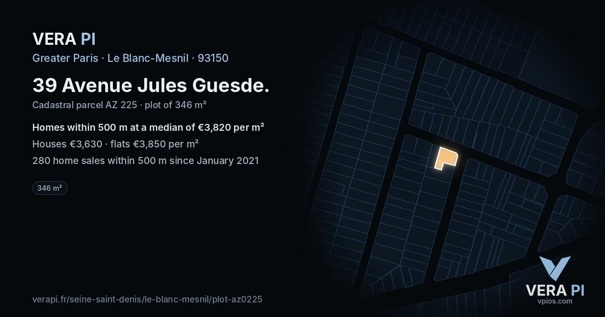 39 Avenue Jules Guesde, Le Blanc-Mesnil at night – the plot lit, the parcels around coloured by the prices near them