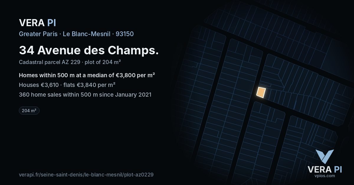 34 Avenue des Champs, Le Blanc-Mesnil at night – the plot lit, the parcels around coloured by the prices near them