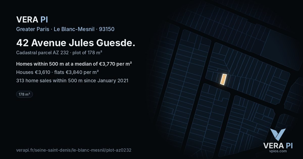 42 Avenue Jules Guesde, Le Blanc-Mesnil at night – the plot lit, the parcels around coloured by the prices near them