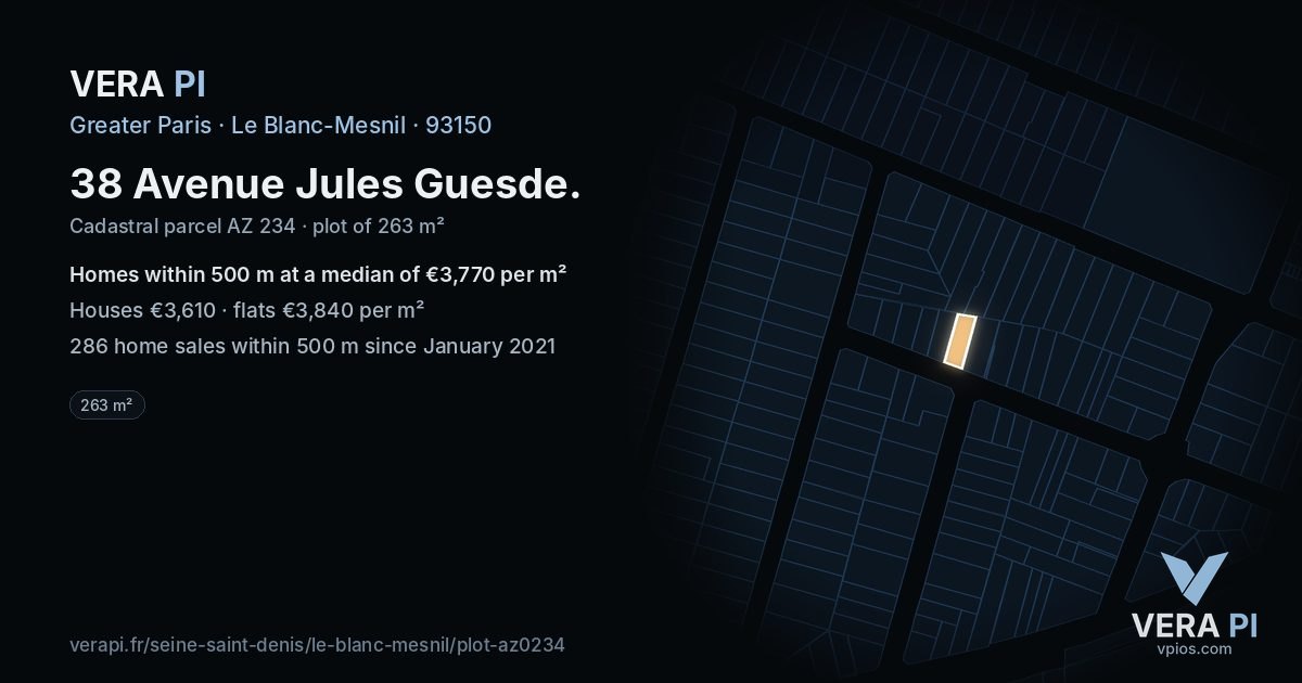 38 Avenue Jules Guesde, Le Blanc-Mesnil at night – the plot lit, the parcels around coloured by the prices near them