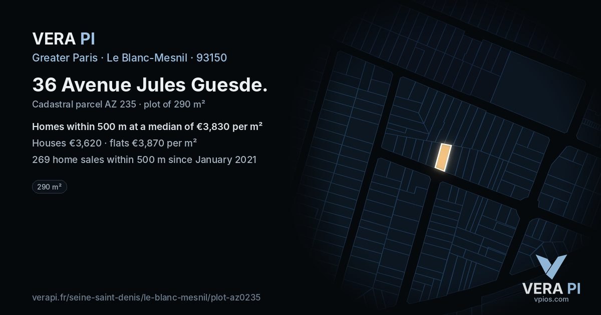 36 Avenue Jules Guesde, Le Blanc-Mesnil at night – the plot lit, the parcels around coloured by the prices near them